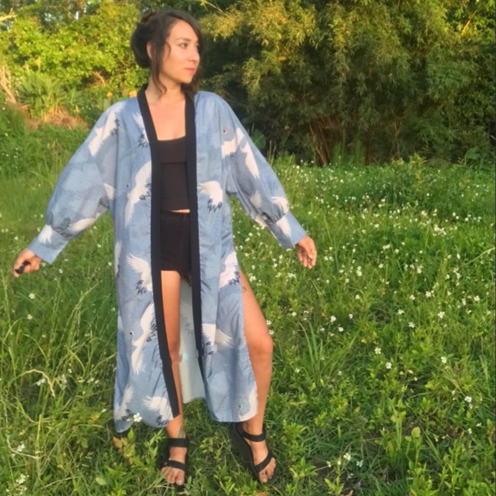 Vintage Japanese style crane print long side slit robe